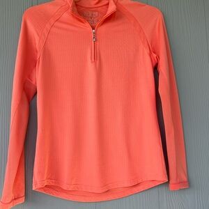 236.SanSoleil Women's athletic long-sleeve, textured 1/4 zip pullover in coral.
